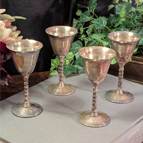 4 Vintage Silver Plated Cordial Dessert Wine Twisted Stem Goblets Falstaff Spain - Picture 1 of 8